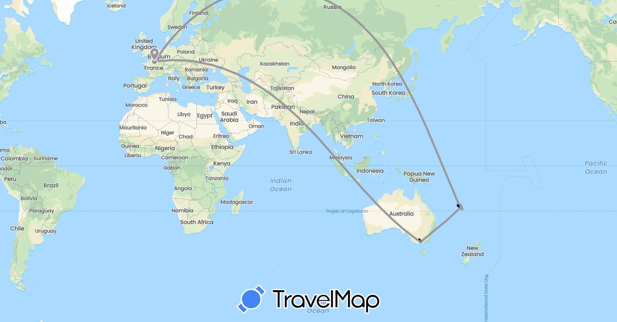 TravelMap itinerary: driving, plane in Australia, France, Japan (Asia, Europe, Oceania)